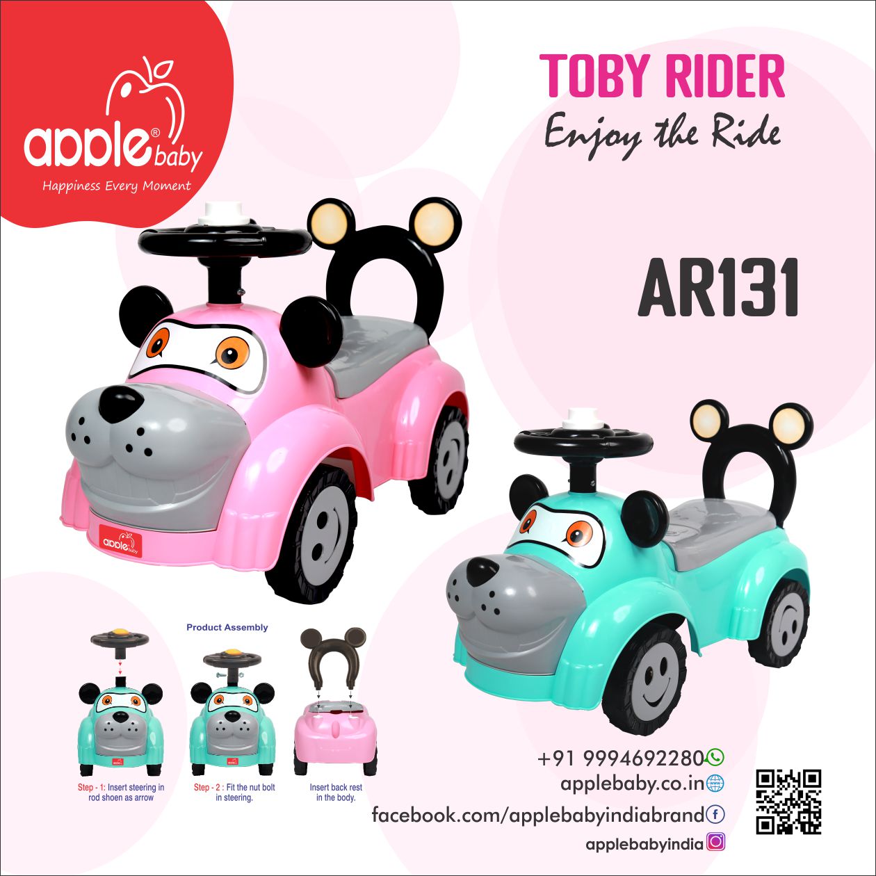 Apple Baby Toby Ride-On Push Car | Cartoon Dog Toddler Toy | Foot-to-Floor Walker with Smiley Wheels AR131