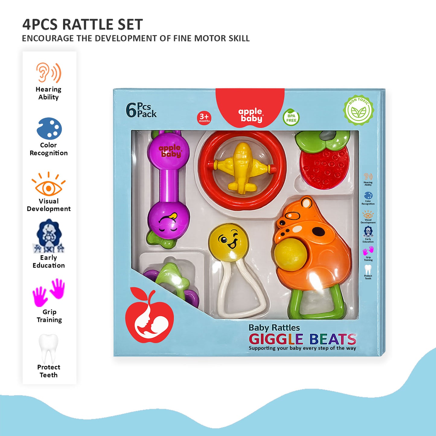 Apple Baby 6 PCS Baby Rattle Set | BPA Free & Non-Toxic Newborn Toys (3+ Months) AC391