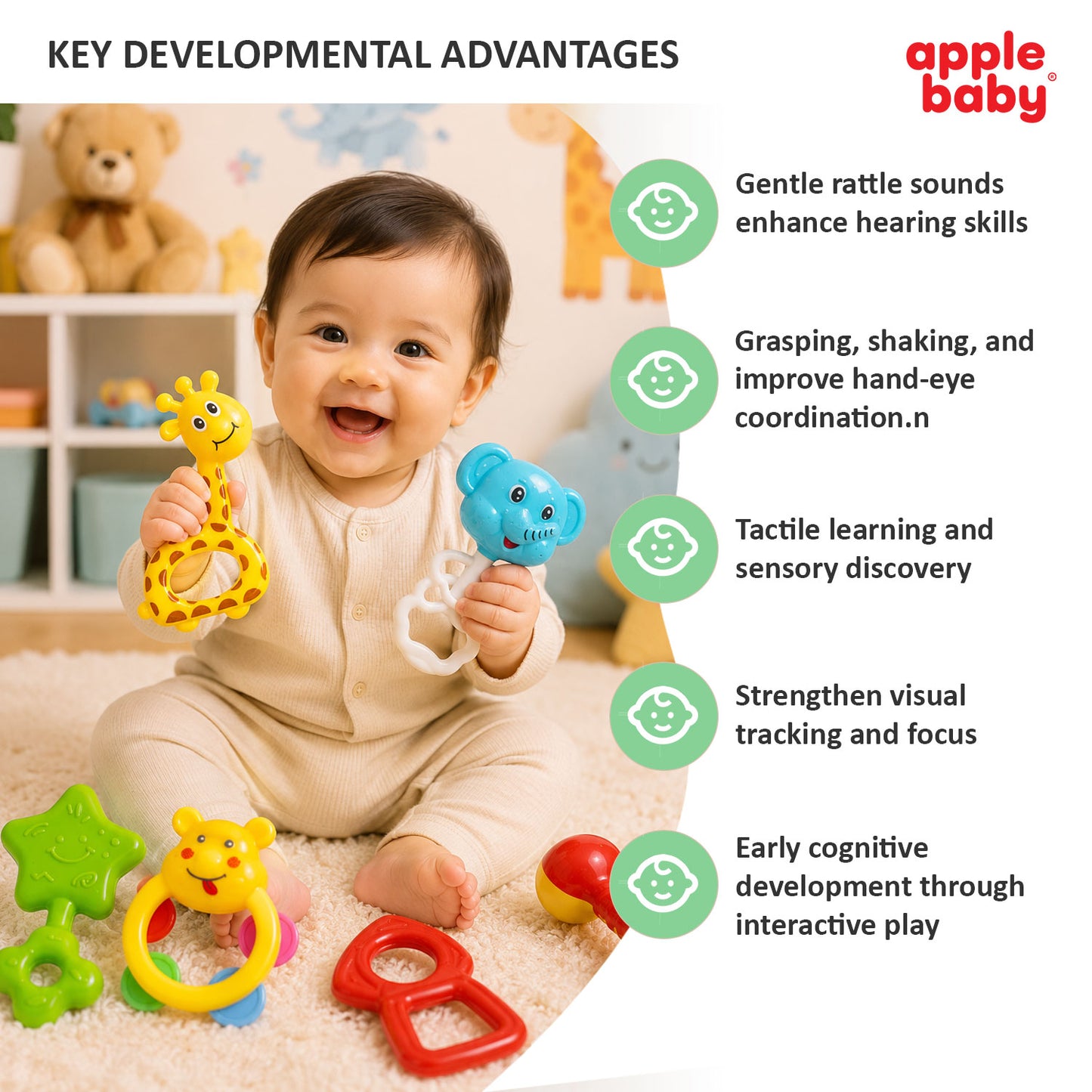 Apple Baby Rattles Set – 6 PCS Colorful Toys for Newborns & Babies 3+ Months | BPA-Free Developmental Rattle Toy Set (Pack of 2) AC457