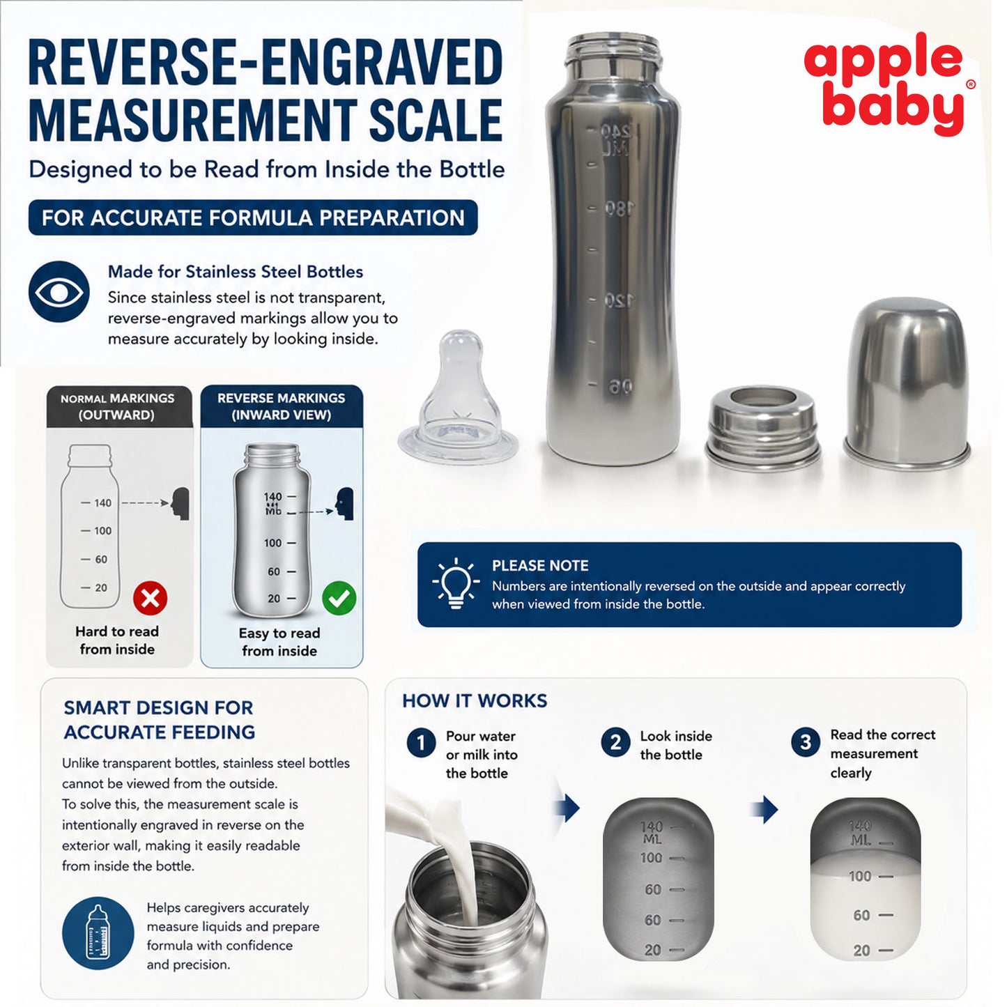 Apple Baby Stainless Steel Feeding Bottle 240ml | BPA-Free Baby Milk Bottle with Soft Silicone Nipple | Food-Grade Steel Feeding Bottle AC482