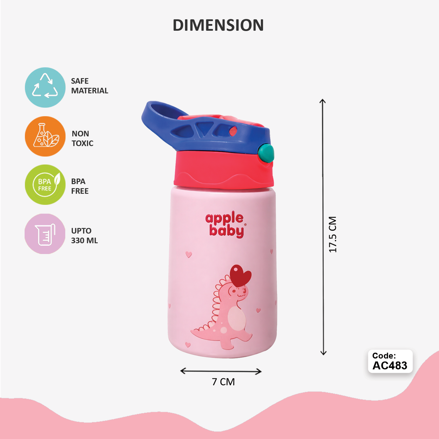 apple baby Stainless Steel Kids Sipper Cup with Straw Lid, Blue Dino Design AC483