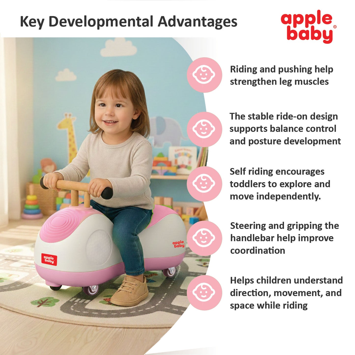 Apple Baby Zoomie Car | 360° Spin Ride-On Toy | Multi-Directional Caster Wheels | Wooden-Style Handle AR154