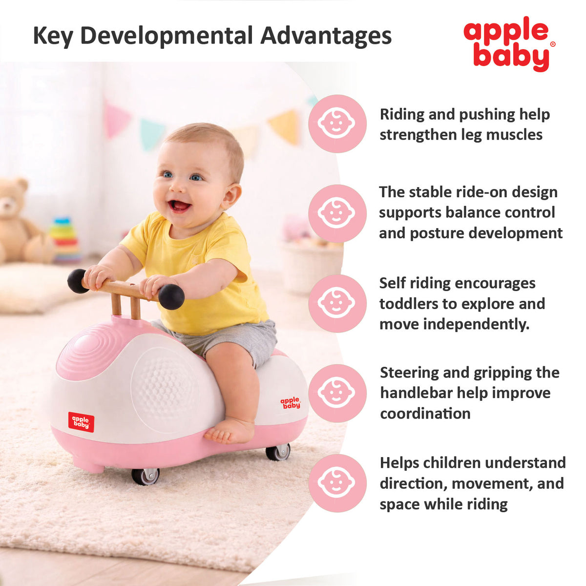 Apple Baby Zoomie Car | 360° Spin Ride-On Toy | Multi-Directional Caster Wheels | Wooden-Style Handle AR154
