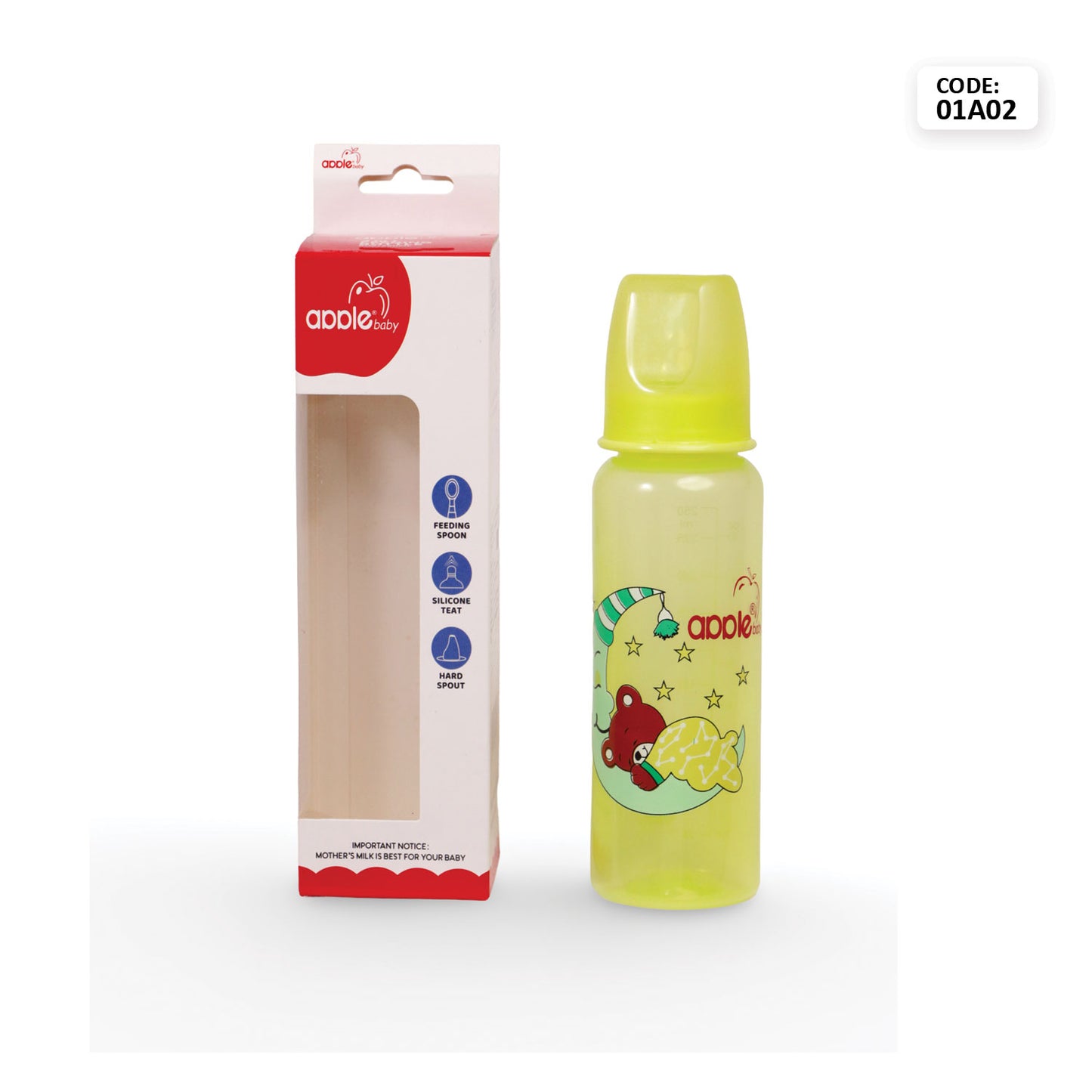 Apple Baby 3-in-1 Feeding Bottle with Nipple, Spout, and Spoon_ 8OZ 250ML_01A02 (Pack of 2)