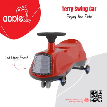 Apple Baby Terry Swing Car | LED Light-Up Grille & Wheels | Musical Twist Ride-On Toy | Ages 3+