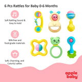 Apple Baby 6 Pcs Rattles for Baby 0-6 Months | New Born Baby Toys Rattle Set with Fun Colors & Soft Rattling Sound | BPA Free Infant Teether Toy | Perfect New Born Toy Set Gift Pack - Made in India