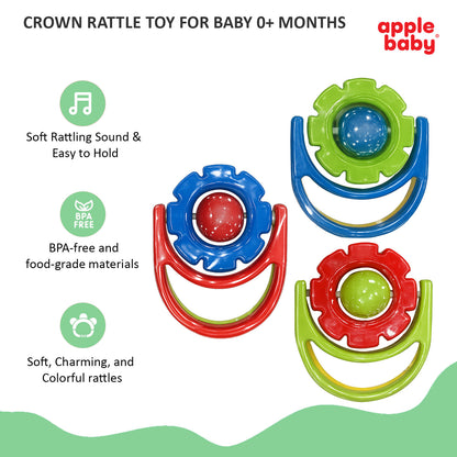 Apple Baby Crown Rattle Toy for Infants | Safe Food-Grade Plastic | Colorful Grip Training Rattle for Newborns AC353 (Pack of 3)