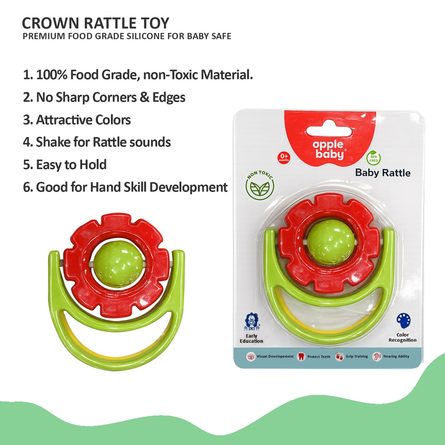 Apple Baby Crown Rattle Toy for Infants | Safe Food-Grade Plastic | Colorful Grip Training Rattle for Newborns AC353 (Pack of 3)