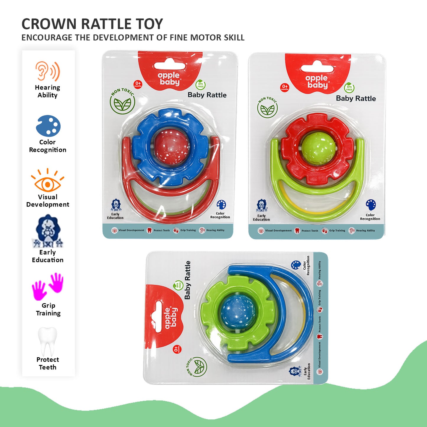 Apple Baby Crown Rattle Toy for Infants | Safe Food-Grade Plastic | Colorful Grip Training Rattle for Newborns AC353 (Pack of 3)