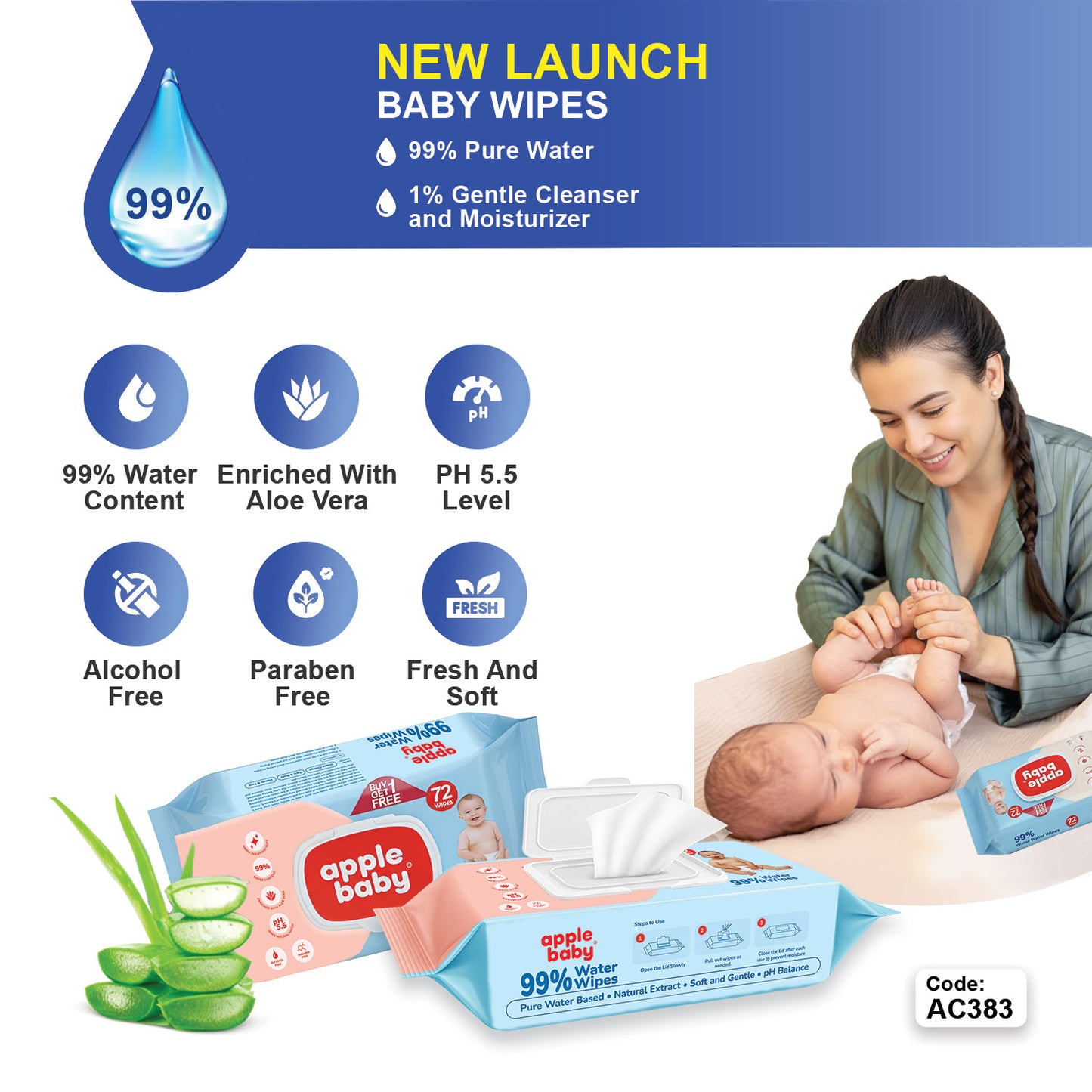 99% Pure Water Baby Wipes AC383 (Pack of 4)