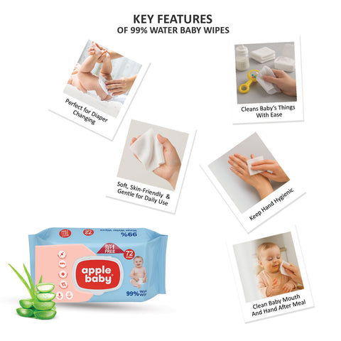 Apple Baby 99% Pure Water Baby Wipes, Paraben Free, Hypoallergenic, Gentle & Nourishing cleansing, with Fliptop Lid retains moisture for long  AC383