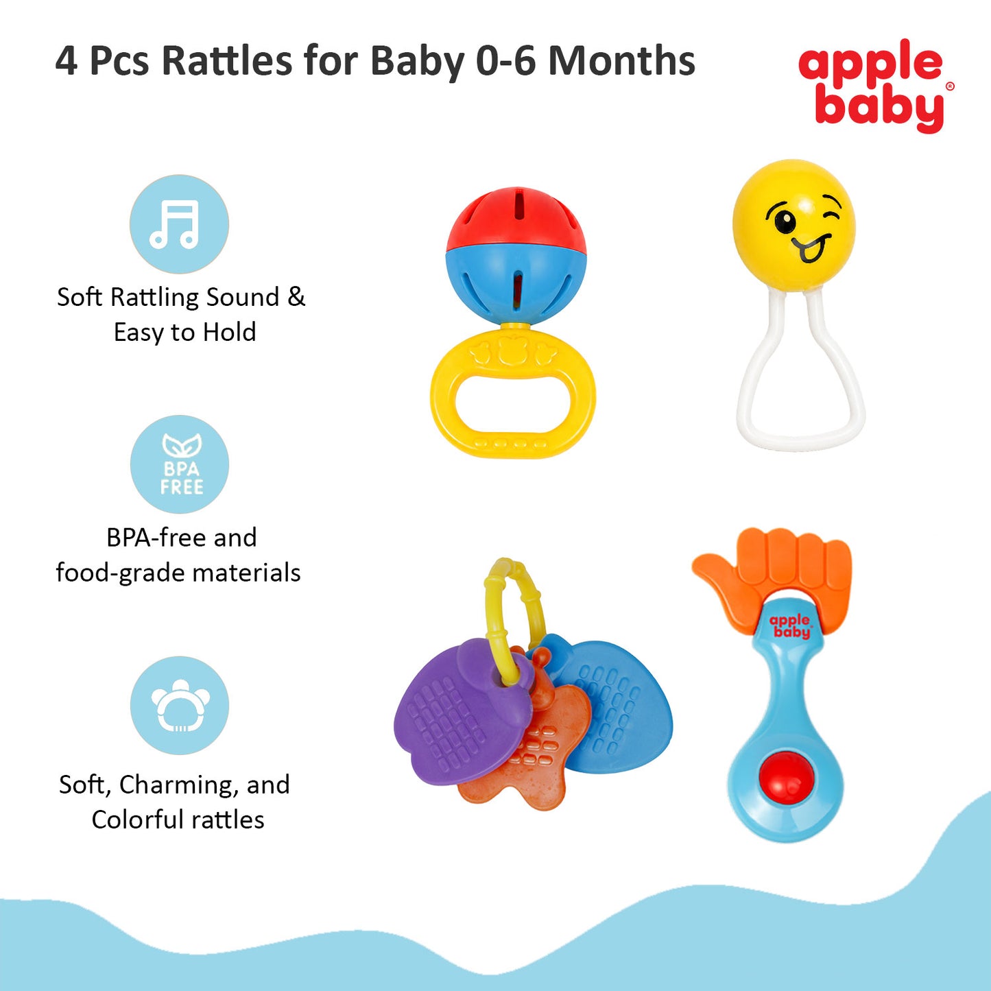 Apple Baby 4 PCS Baby Rattle Set | BPA Free Infant Toys for 3+ Months Babies AC390