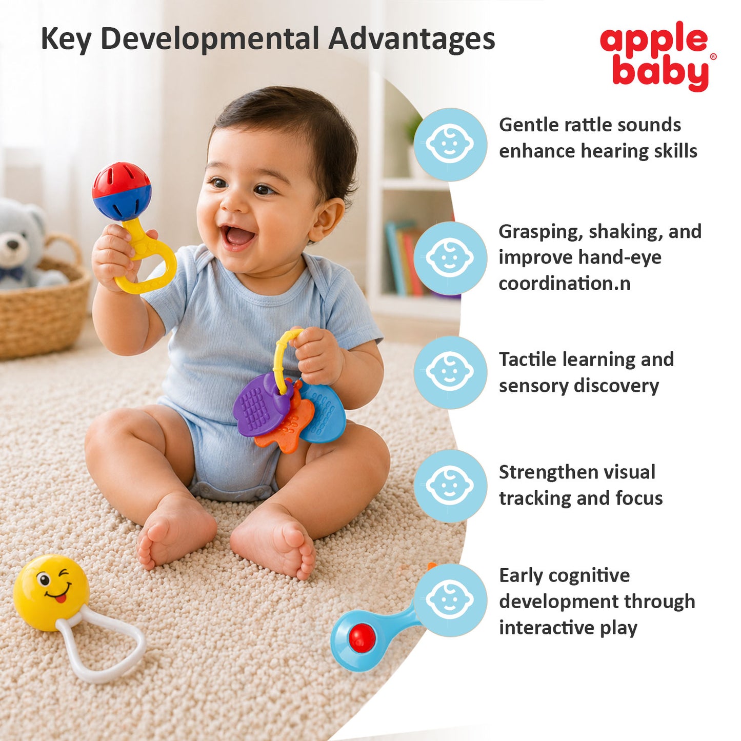 Apple Baby 4 PCS Baby Rattle Set | BPA Free Infant Toys for 3+ Months Babies AC390