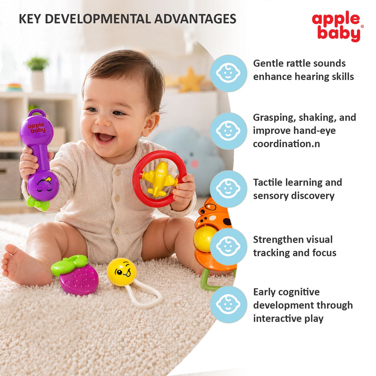 Apple Baby 6 PCS Baby Rattle Set | BPA Free & Non-Toxic Newborn Toys (3+ Months) AC391