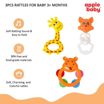 Apple Baby TeenyTunes 3 Pcs Baby Rattle Set for 3+ Months | BPA Free Baby Toys AC406 (Pack of 4)