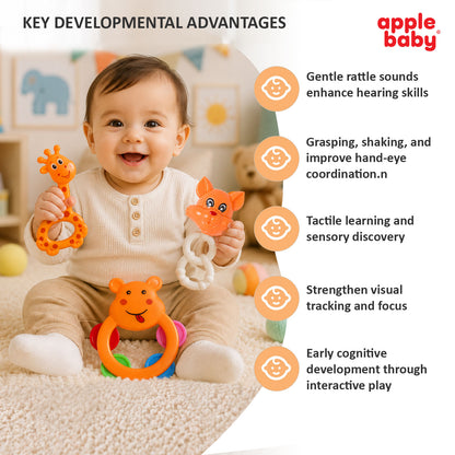 Apple Baby TeenyTunes 3 Pcs Baby Rattle Set for 3+ Months | BPA Free Baby Toys AC406 (Pack of 4)