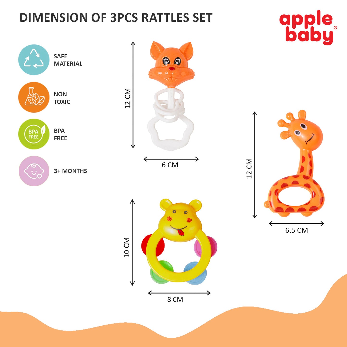 Apple Baby TeenyTunes 3 Pcs Baby Rattle Set for 3+ Months | BPA Free Baby Toys AC406 (Pack of 4)