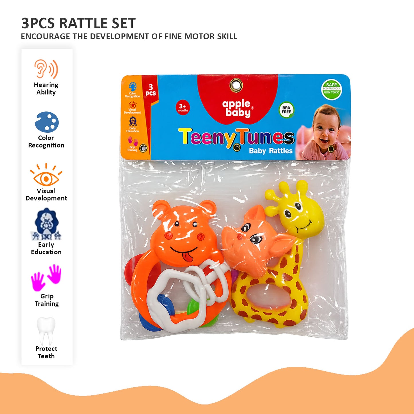 Apple Baby TeenyTunes 3 Pcs Baby Rattle Set for 3+ Months | BPA Free Baby Toys AC406 (Pack of 4)