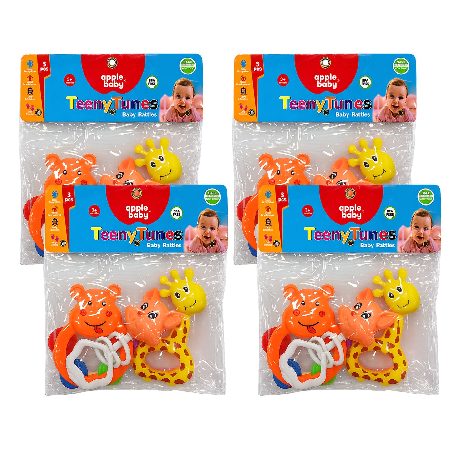 Apple Baby TeenyTunes 3 Pcs Baby Rattle Set for 3+ Months | BPA Free Baby Toys AC406 (Pack of 4)