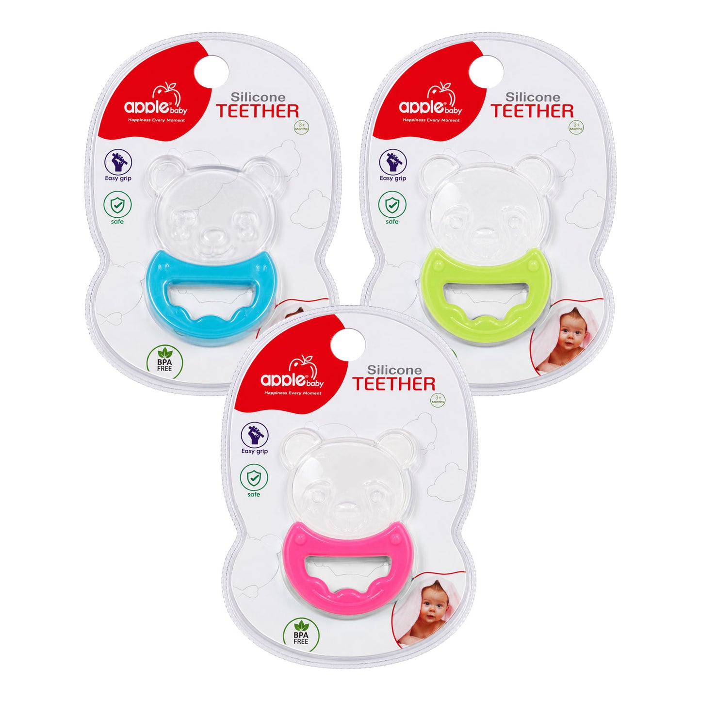 Apple Baby Bear Silicone Teether for Babies | BPA-Free Easy Grip Teething Toy (Pack of 3) AC412