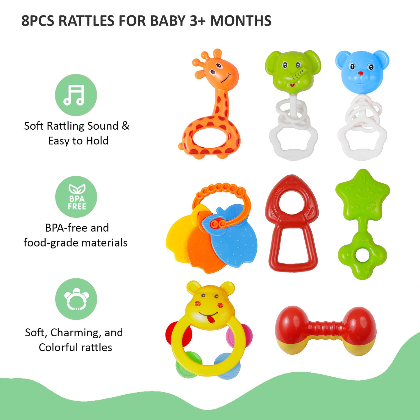 Apple Baby 8PCs Teeny Tunes Baby Rattles Set for 3+ Months - BPA Free, Sensory Development (Pack of 2) AC427