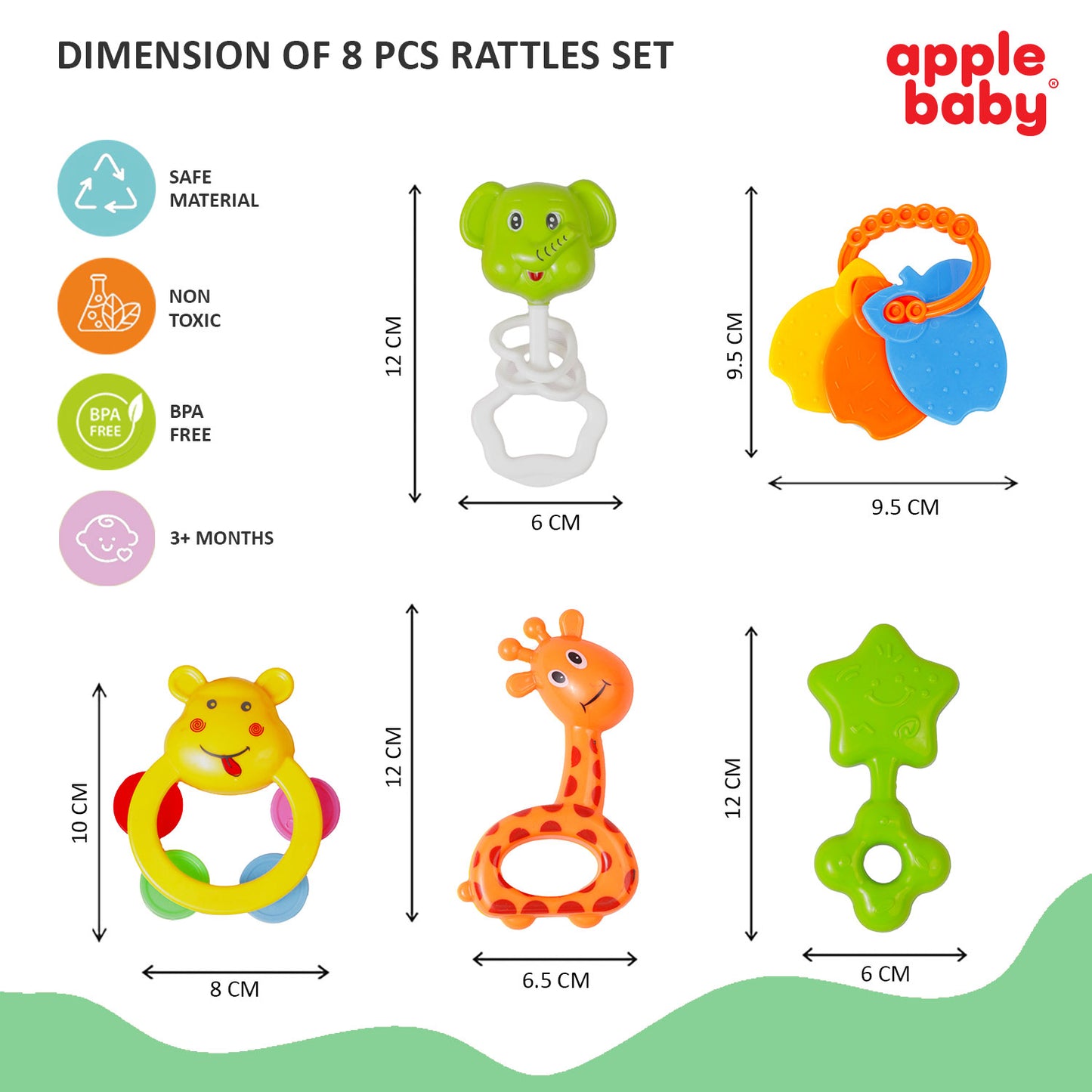 Apple Baby 8PCs Teeny Tunes Baby Rattles Set for 3+ Months - BPA Free, Sensory Development (Pack of 2) AC427