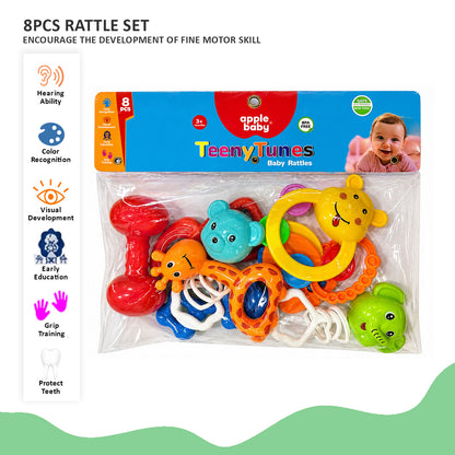 Apple Baby 8PCs Teeny Tunes Baby Rattles Set for 3+ Months - BPA Free, Sensory Development (Pack of 2) AC427