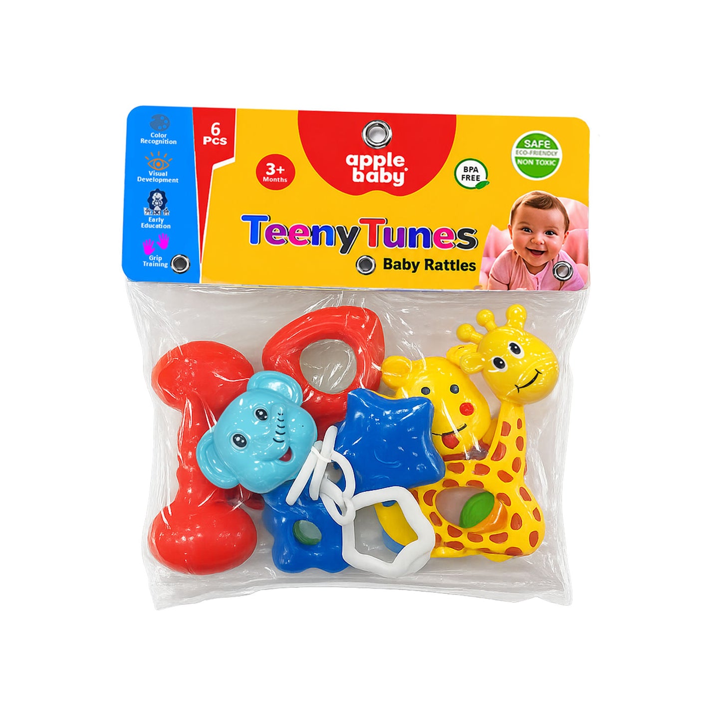 Apple Baby Rattles Set – 6 PCS Colorful Toys for Newborns & Babies 3+ Months | BPA-Free Developmental Rattle Toy Set (Pack of 2) AC457
