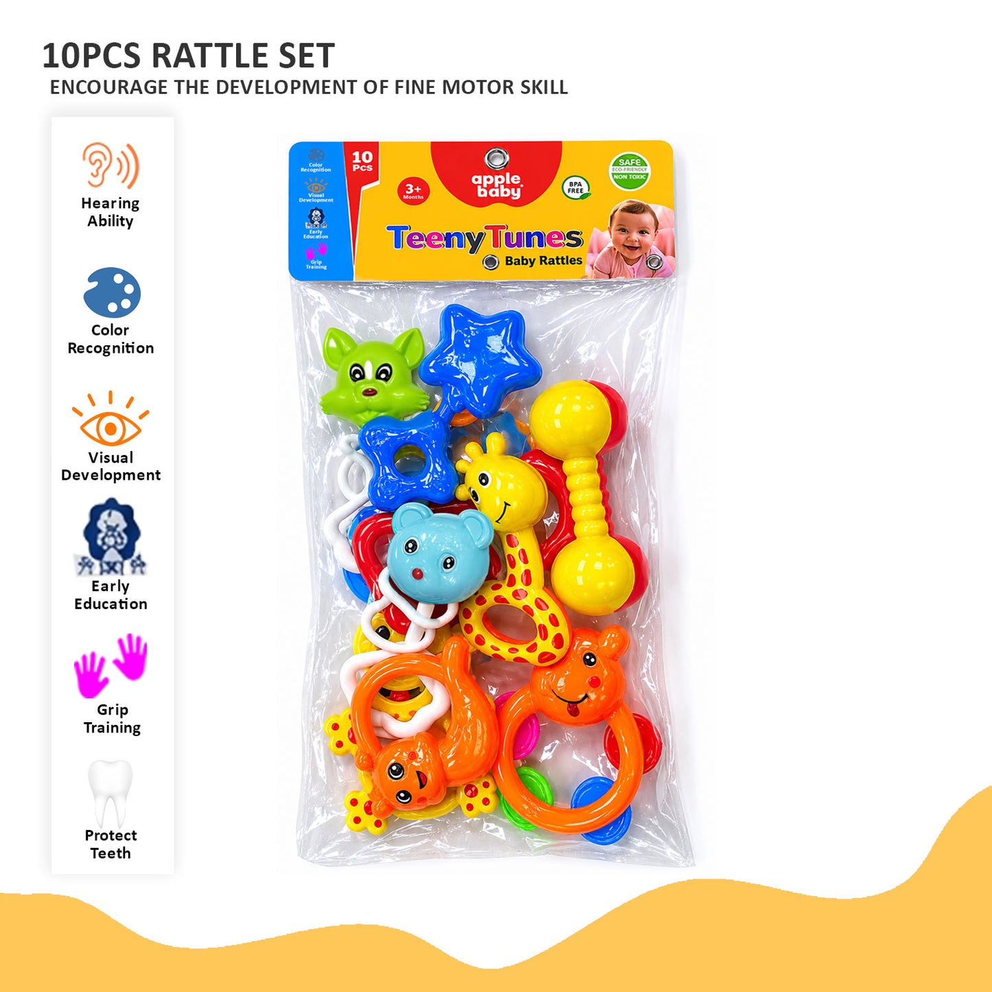 Apple Baby Rattles Set – 10 PCS Colorful Toys for Newborns & Babies 3+ Months | BPA-Free Developmental Rattle Toy Set (Pack of 2) AC458