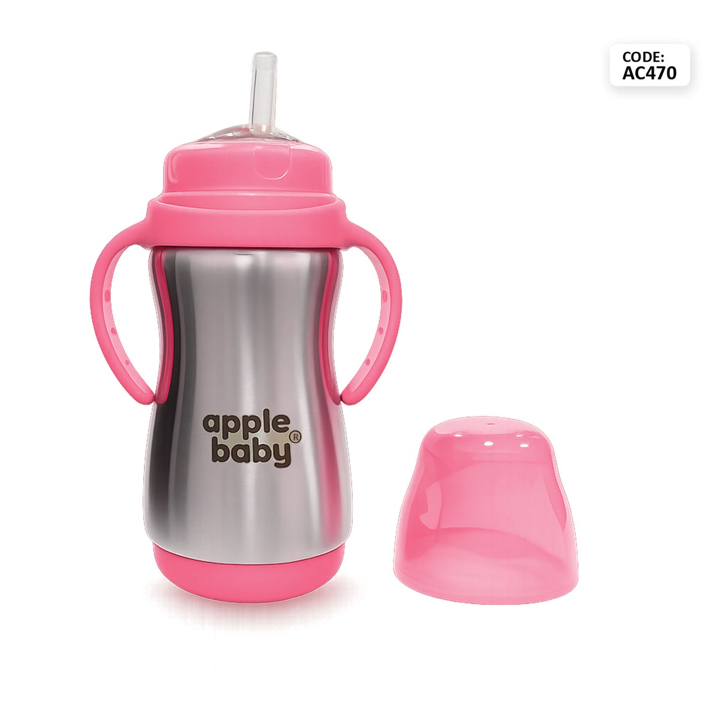 Apple Baby Stainless Steel Sipper Bottle with Straw & Spout | 304 stainless Steel Sipper for Kids | Leak Proof, BPA Free, Easy Grip Handle | 300ml AC470