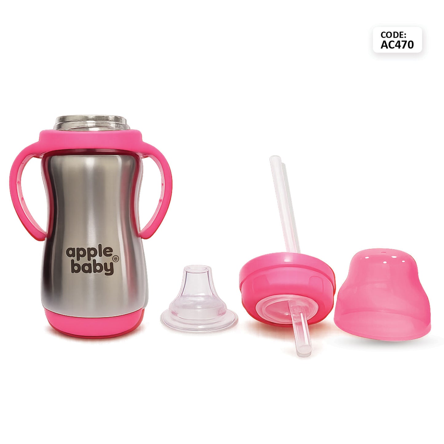 Apple Baby Stainless Steel Sipper Bottle with Straw & Spout | 304 stainless Steel Sipper for Kids | Leak Proof, BPA Free, Easy Grip Handle | 300ml AC470