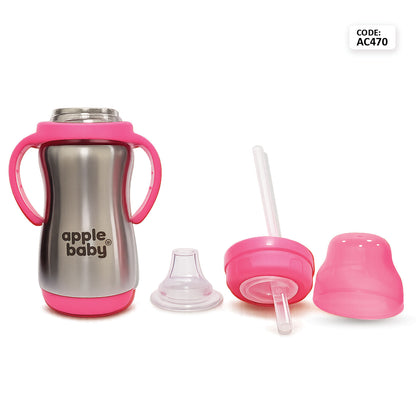 Apple Baby Stainless Steel Sipper Bottle with Straw & Spout | 304 stainless Steel Sipper for Kids | Leak Proof, BPA Free, Easy Grip Handle | 300ml AC470