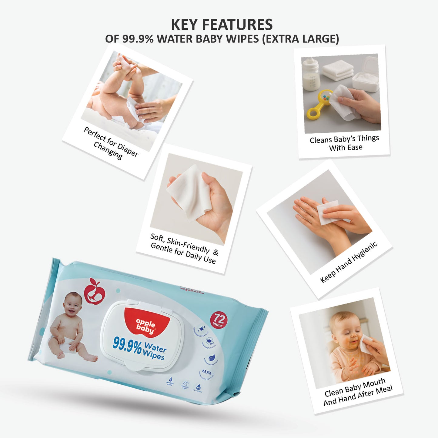 Apple Baby Extra Large Size Baby Wipes for Newborns | 99.9% Water Based AC473 (Pack of 3)