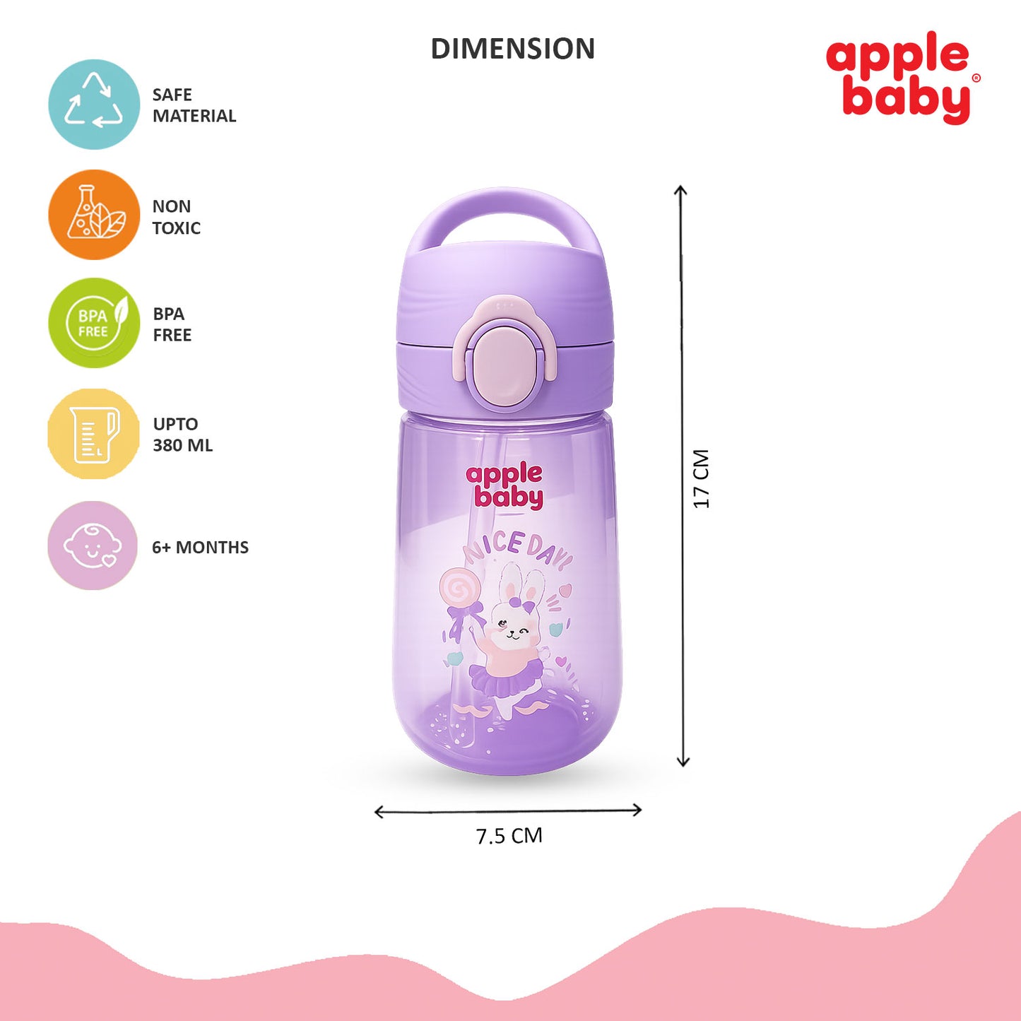 Apple Baby 380ml Flip Top Sipper Bottle for Kids | BPA Free Straw Water Bottle AC475