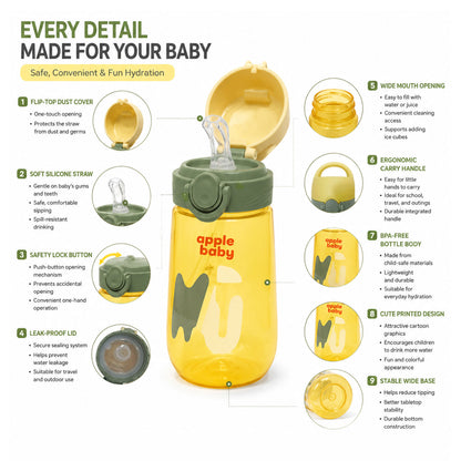 Apple Baby 380ml Flip Top Sipper Bottle for Kids | BPA Free Straw Water Bottle AC475