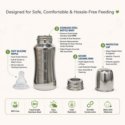Apple Baby Stainless Steel Feeding Bottle 140ml | BPA-Free Baby Milk Bottle with Soft Silicone Nipple | Food-Grade Steel Feeding Bottle AC481