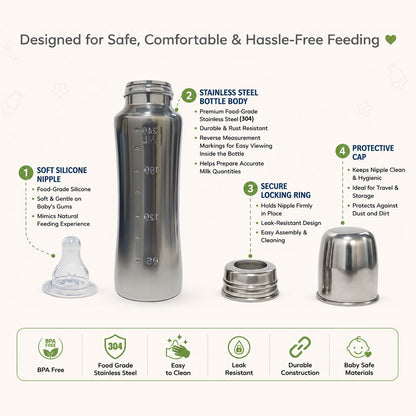 Apple Baby Stainless Steel Feeding Bottle 240ml | BPA-Free Baby Milk Bottle with Soft Silicone Nipple | Food-Grade Steel Feeding Bottle AC482