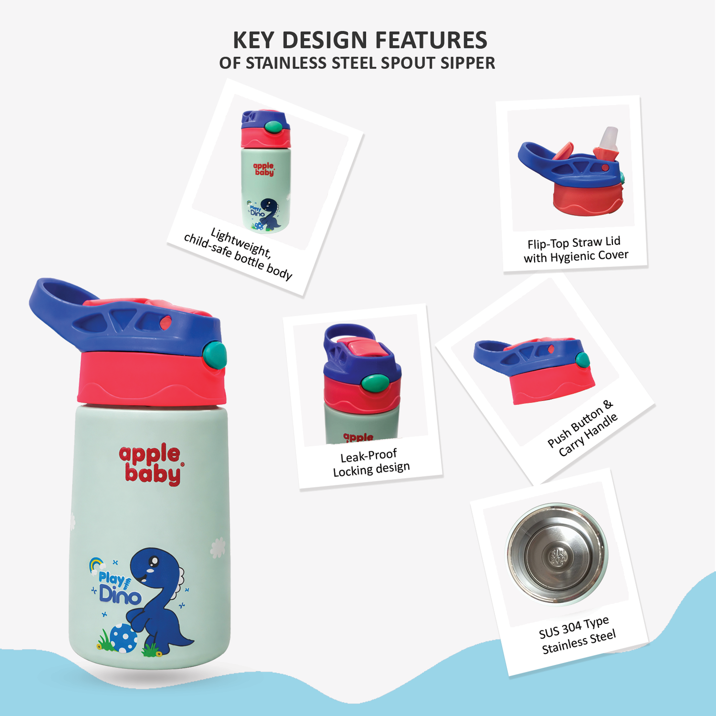 apple baby Stainless Steel Kids Sipper Cup with Straw Lid, Blue Dino Design AC483