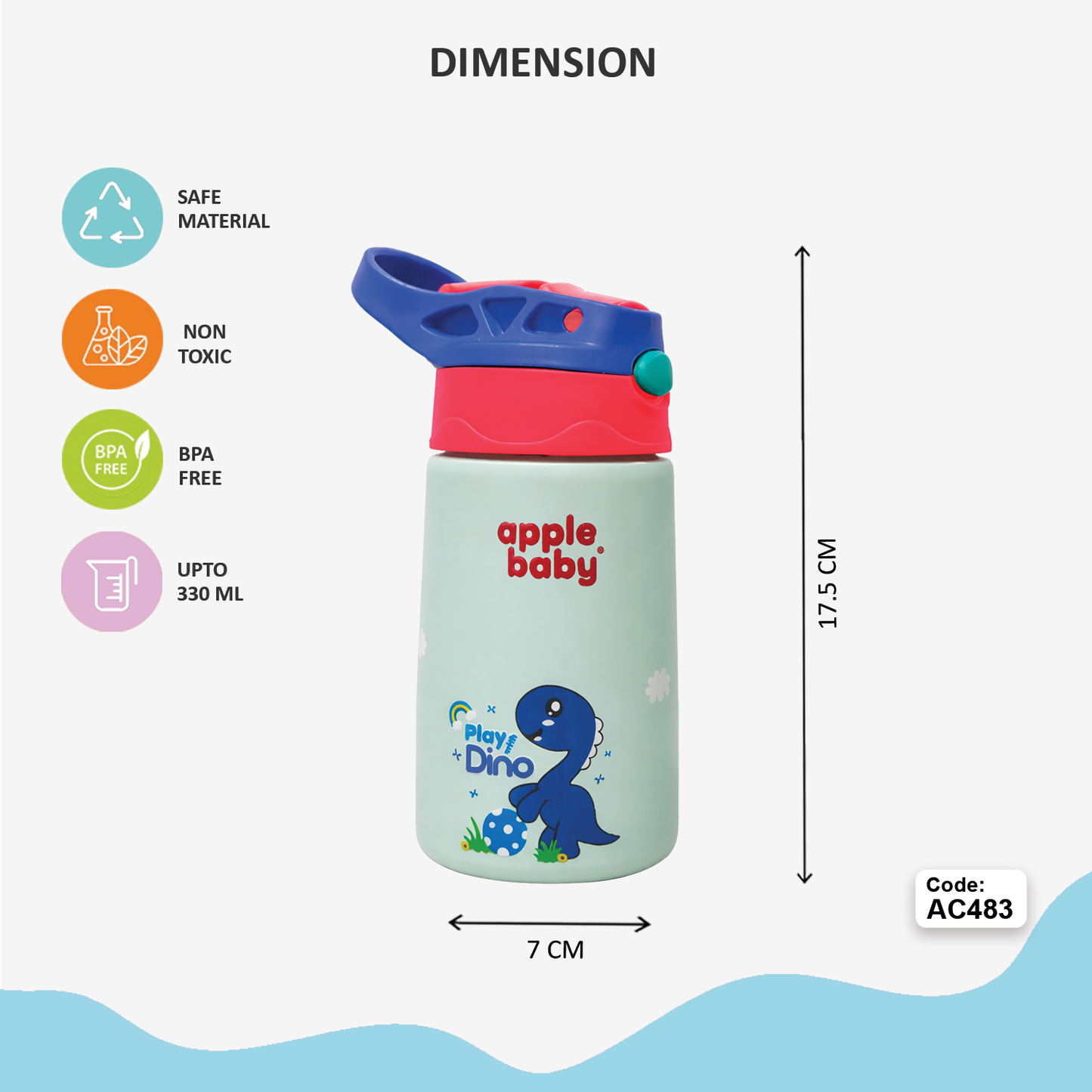 apple baby Stainless Steel Kids Sipper Cup with Straw Lid, Blue Dino Design AC483