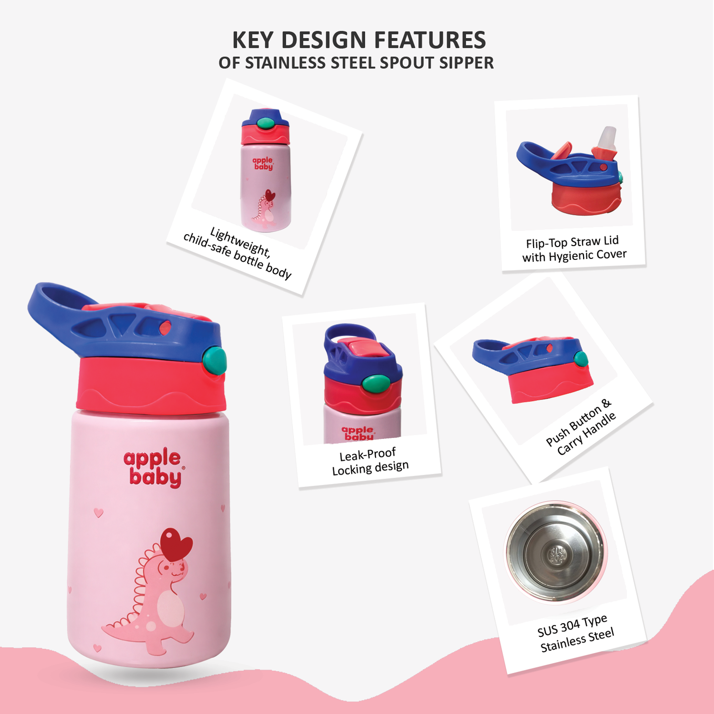 apple baby Stainless Steel Kids Sipper Cup with Straw Lid, Blue Dino Design AC483