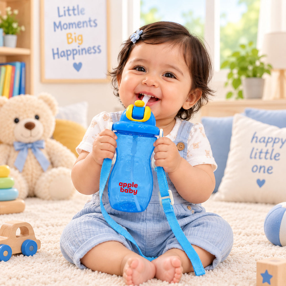 Apple Baby PopSip Straw Sipper Bottle for Babies & Kids, 400 ml, BPA Free Baby Water Bottle with Soft Straw, Push-Button Lid & Adjustable Carry Strap, 6+ Months ac490