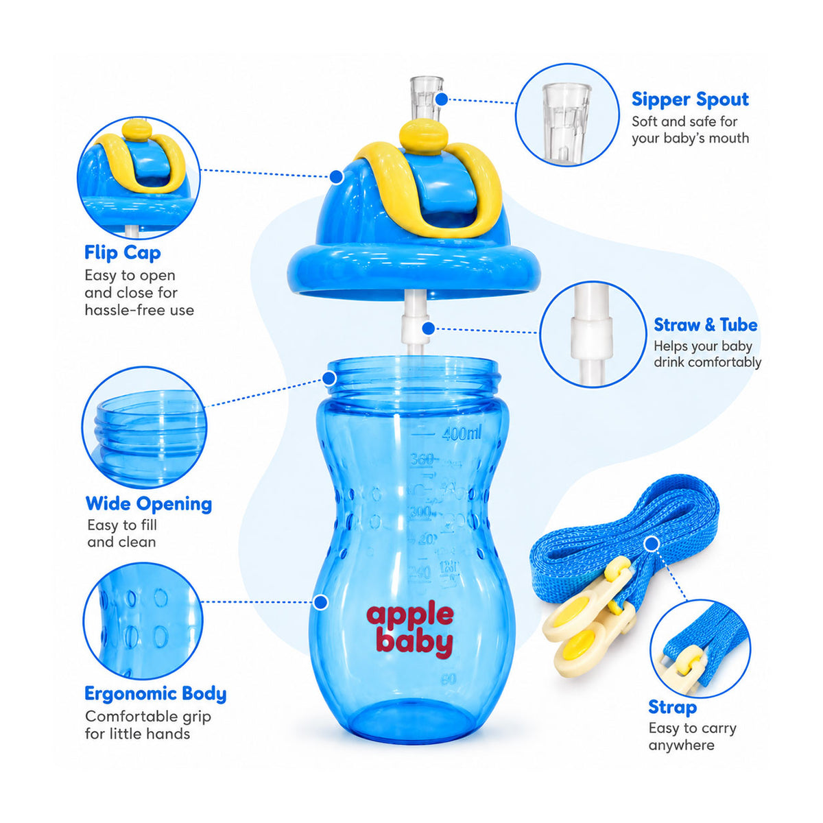 Apple Baby PopSip Straw Sipper Bottle for Babies & Kids, 400 ml, BPA Free Baby Water Bottle with Soft Straw, Push-Button Lid & Adjustable Carry Strap, 6+ Months ac490