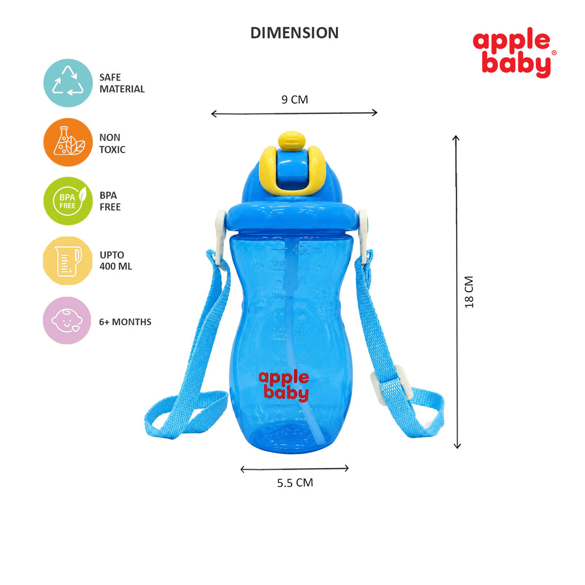 Apple Baby PopSip Straw Sipper Bottle for Babies & Kids, 400 ml, BPA Free Baby Water Bottle with Soft Straw, Push-Button Lid & Adjustable Carry Strap, 6+ Months ac490