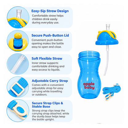 Apple Baby PopSip Straw Sipper Bottle for Babies & Kids, 400 ml, BPA Free Baby Water Bottle with Soft Straw, Push-Button Lid & Adjustable Carry Strap, 6+ Months ac490