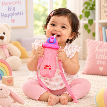 Apple Baby PopSip Straw Sipper Bottle for Babies & Kids, 400 ml, BPA Free Baby Water Bottle with Soft Straw, Push-Button Lid & Adjustable Carry Strap, 6+ Months ac490