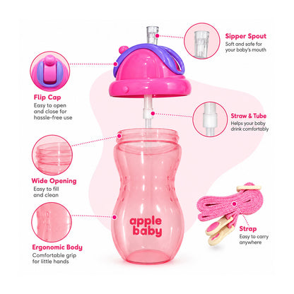 Apple Baby PopSip Straw Sipper Bottle for Babies & Kids, 400 ml, BPA Free Baby Water Bottle with Soft Straw, Push-Button Lid & Adjustable Carry Strap, 6+ Months ac490