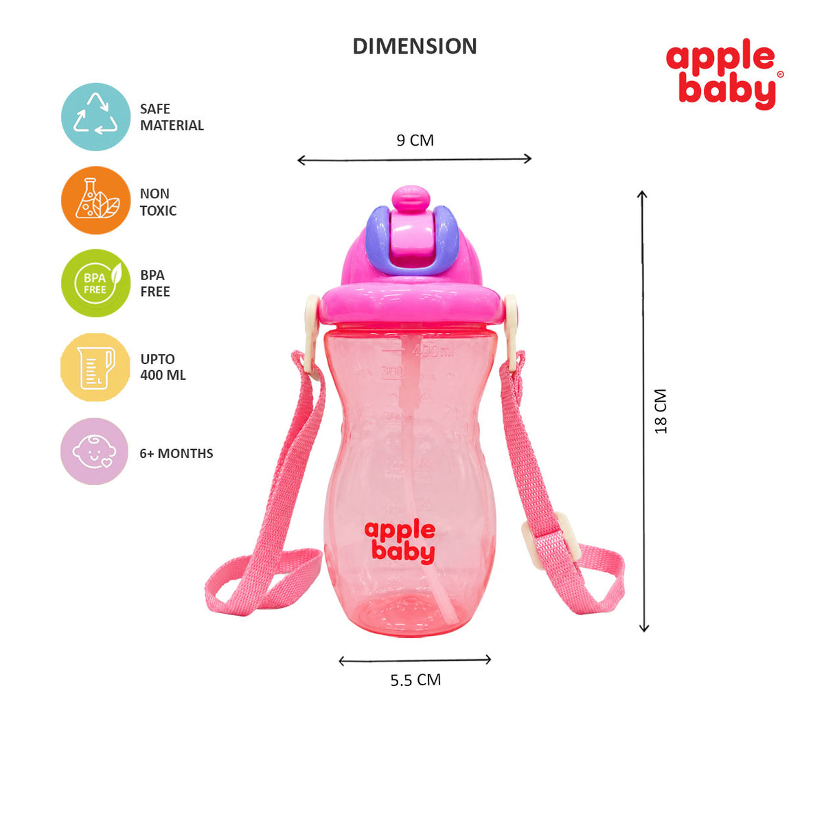 Apple Baby PopSip Straw Sipper Bottle for Babies & Kids, 400 ml, BPA Free Baby Water Bottle with Soft Straw, Push-Button Lid & Adjustable Carry Strap, 6+ Months ac490