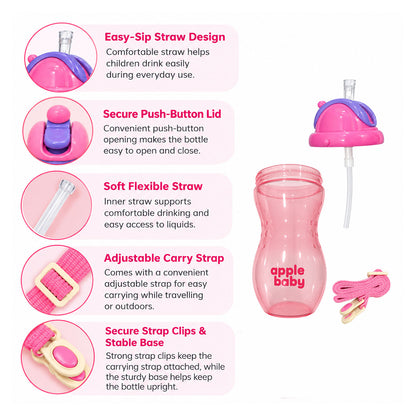 Apple Baby PopSip Straw Sipper Bottle for Babies & Kids, 400 ml, BPA Free Baby Water Bottle with Soft Straw, Push-Button Lid & Adjustable Carry Strap, 6+ Months ac490