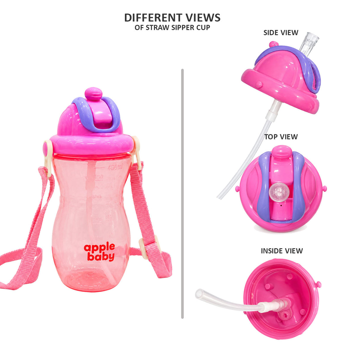 Apple Baby PopSip Straw Sipper Bottle for Babies & Kids, 400 ml, BPA Free Baby Water Bottle with Soft Straw, Push-Button Lid & Adjustable Carry Strap, 6+ Months ac490
