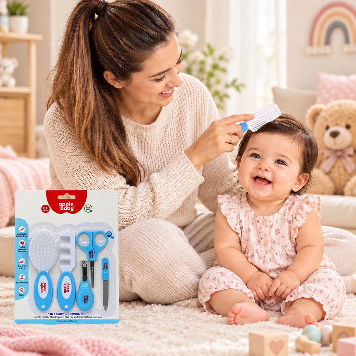 Apple Baby 5-in-1 Baby Grooming Kit for Newborns & Infants | Baby Hair Brush, Comb, Nail Clipper, Nail Scissors & Nail File AC491